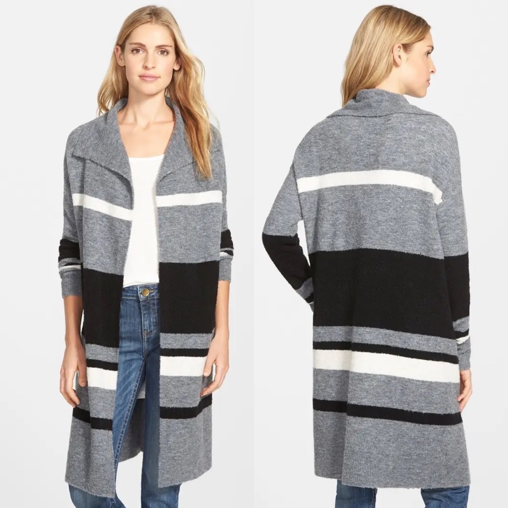 Caslon Womens Gray Black Striped Open Front Longline Cardigan Sweater XS